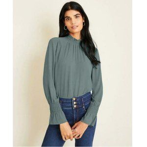 Ann Taylor Petite Smocked Ruffle Mock Neck Top in Green